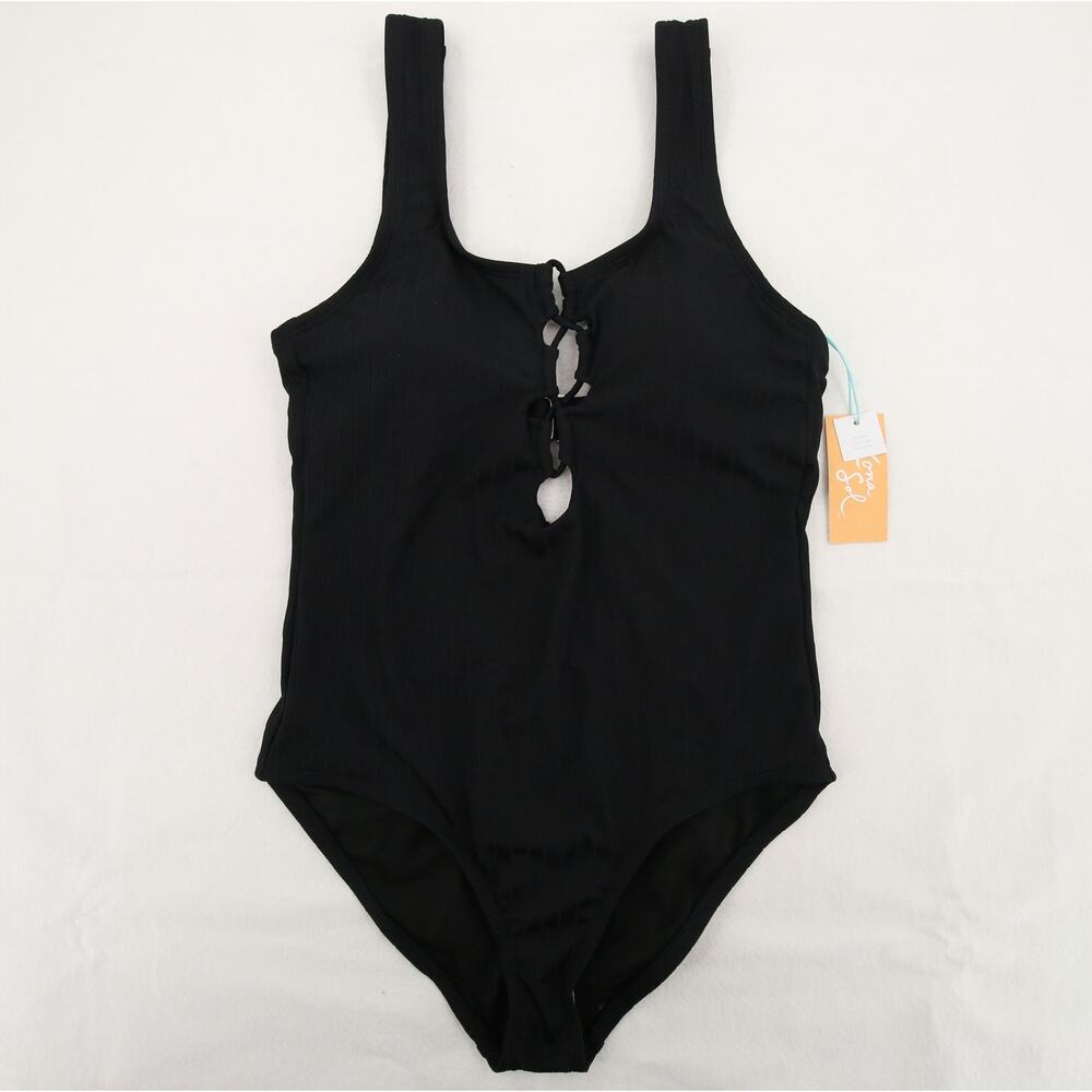 Kona Sol One-Piece Swimsuit Size Small Black Ribbed Lace-Up Open Back Scoop NWT